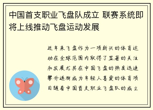 中国首支职业飞盘队成立 联赛系统即将上线推动飞盘运动发展