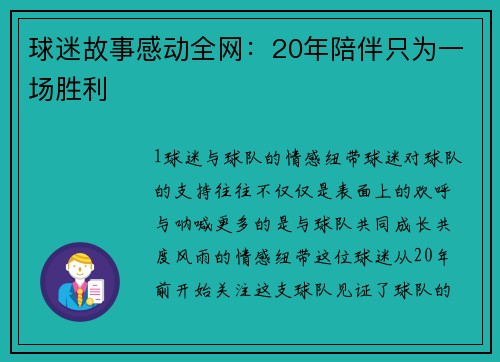 球迷故事感动全网：20年陪伴只为一场胜利