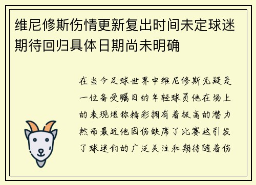 维尼修斯伤情更新复出时间未定球迷期待回归具体日期尚未明确